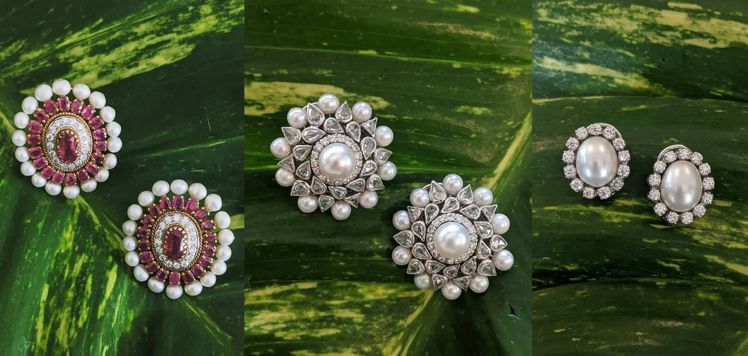 Classic stud earrings set in Diamonds & Pearls