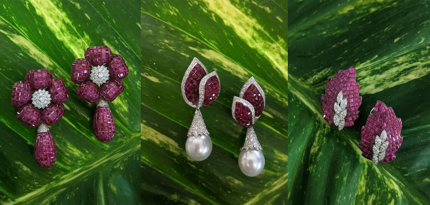 Earrings set in rubies & diamonds, with detachable dangler